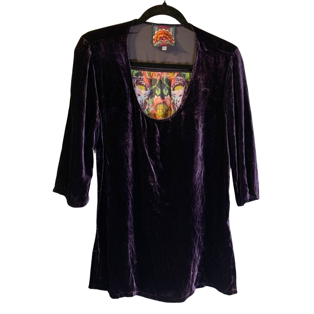 Johnny Was Womens Boho Velvet Whimsigoth Top Size XS Purple Semi Sheer Back Silk